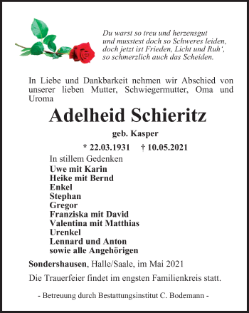 Traueranzeige von Adelheid Schieritz