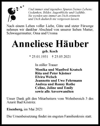 Traueranzeige von Anneliese Häuber von Ostthüringer Zeitung