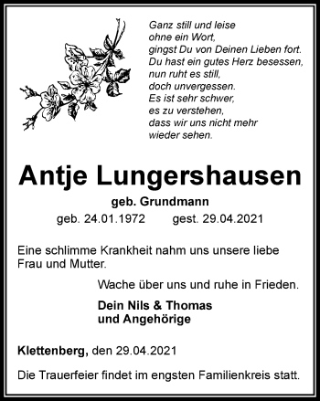 Traueranzeige von Antje Lungershausen von Thüringer Allgemeine