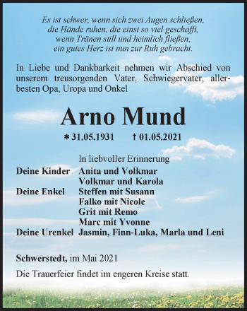 Traueranzeige von Arno Mund von Thüringer Allgemeine, Thüringische Landeszeitung