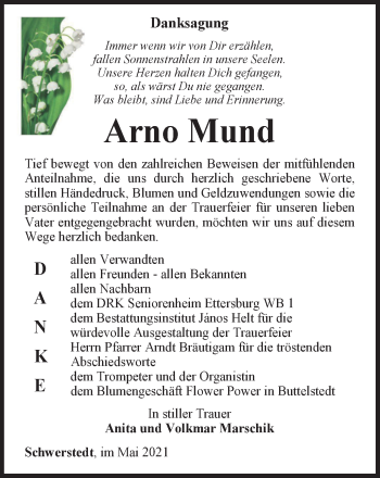 Traueranzeige von Arno Mund von Thüringer Allgemeine, Thüringische Landeszeitung