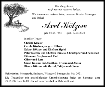 Traueranzeige von Axel Kölzow von Thüringer Allgemeine, Thüringische Landeszeitung