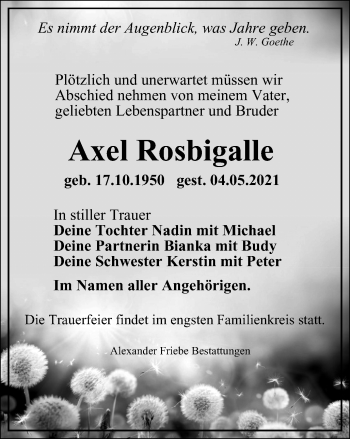 Traueranzeige von Axel Rosbigalle