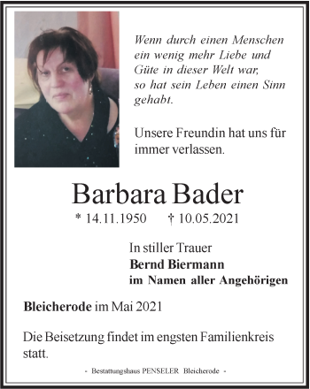 Traueranzeige von Barbara Bader von Thüringer Allgemeine