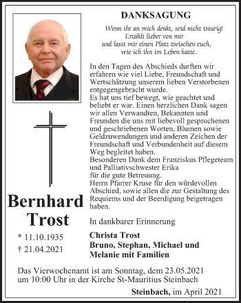 Traueranzeige von Bernhard Trost von Thüringer Allgemeine