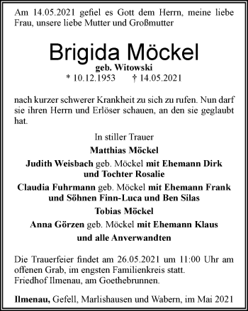 Traueranzeige von Brigida Möckel von Thüringer Allgemeine