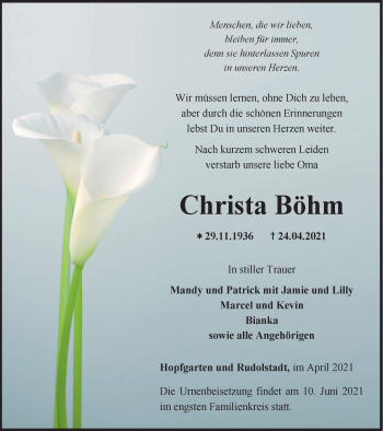 Traueranzeige von Christa Böhm von Ostthüringer Zeitung