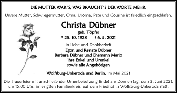 Traueranzeige von Christa Dübner von Thüringer Allgemeine, Thüringische Landeszeitung