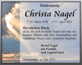 Traueranzeige von Christa Nagel von Thüringer Allgemeine, Thüringische Landeszeitung