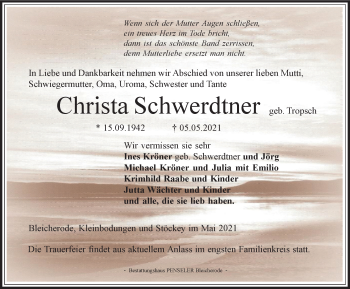Traueranzeige von Christa Schwerdtner von Thüringer Allgemeine