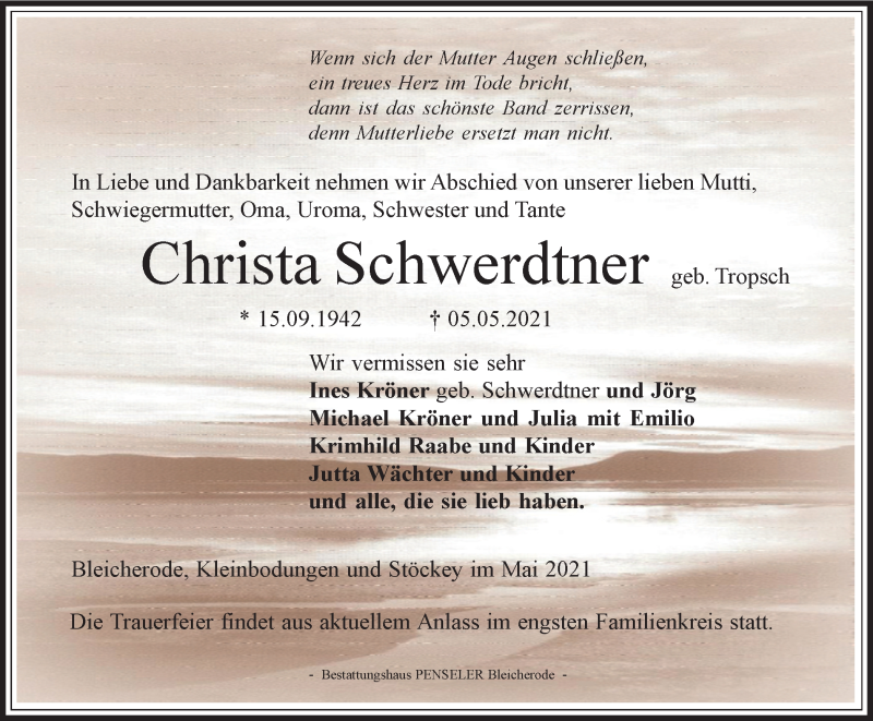  Traueranzeige für Christa Schwerdtner vom 15.05.2021 aus Thüringer Allgemeine
