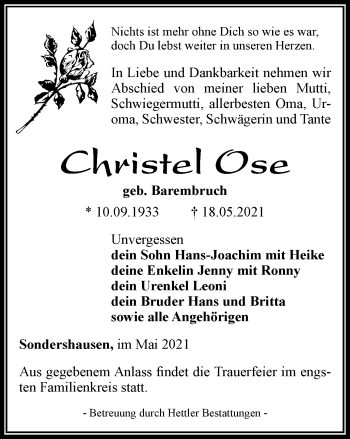 Traueranzeige von Christel Ose von Thüringer Allgemeine
