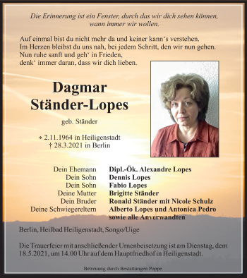 Traueranzeige von Dagmar Ständer-Lopes von Thüringer Allgemeine