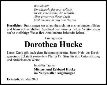 Traueranzeige von Dorothea Hucke von Thüringer Allgemeine, Thüringische Landeszeitung