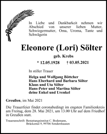 Traueranzeige von Eleonore  Sölter