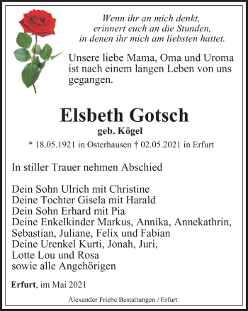 Traueranzeige von Elsbeth Gotsch