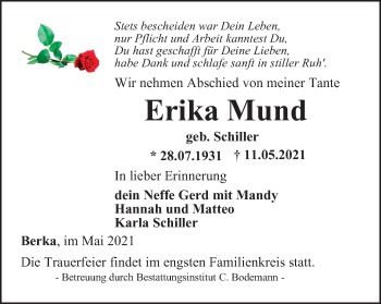 Traueranzeige von Erika Mund