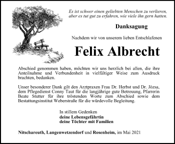 Traueranzeige von Felix Albrecht von Ostthüringer Zeitung