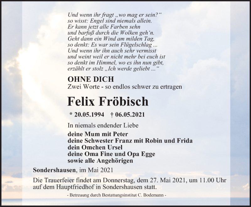  Traueranzeige für Felix Fröbisch vom 15.05.2021 aus Thüringer Allgemeine