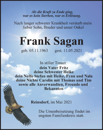 Traueranzeige von Frank Sagan von Ostthüringer Zeitung