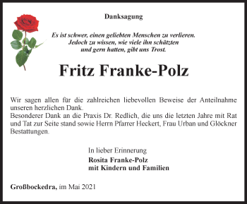 Traueranzeige von Fritz Franke-Polz von Ostthüringer Zeitung