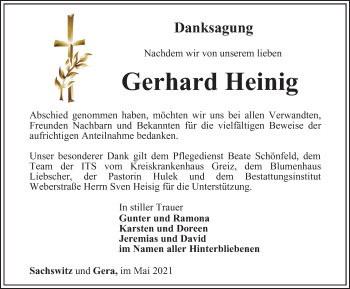 Traueranzeige von Gerhard Heinig von Ostthüringer Zeitung