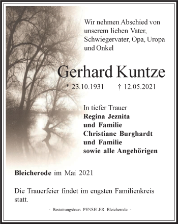 Traueranzeige von Gerhard Kuntze von Thüringer Allgemeine