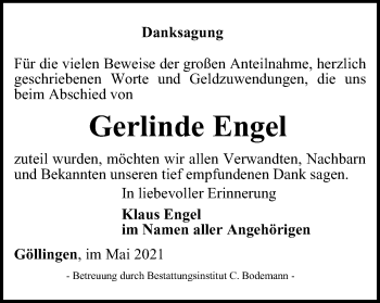 Traueranzeige von Gerlinde Engel