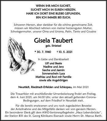 Traueranzeige von Gisela Taubert von Thüringer Allgemeine, Thüringische Landeszeitung