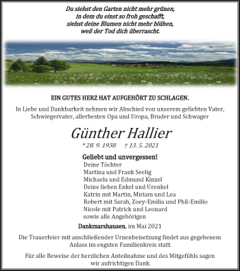 Traueranzeige von Günther Hallier von Thüringer Allgemeine, Thüringische Landeszeitung