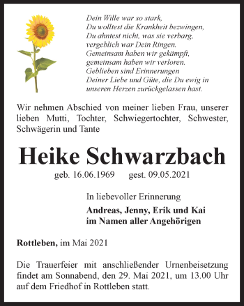 Traueranzeige von Heike Schwarzbach von Thüringer Allgemeine