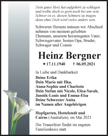 Traueranzeige von Heinz Bergner von Thüringer Allgemeine, Thüringische Landeszeitung