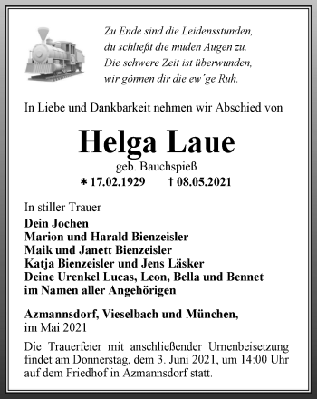 Traueranzeige von Helga Laue von Thüringer Allgemeine, Thüringische Landeszeitung