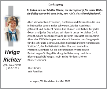 Traueranzeige von Helga Richter von Thüringer Allgemeine