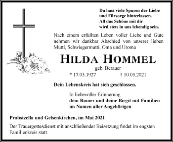 Traueranzeige von Hilda Hommel von Ostthüringer Zeitung