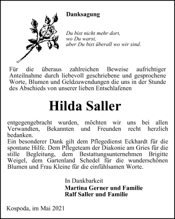 Traueranzeige von Hilda Saller von Ostthüringer Zeitung