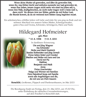 Traueranzeige von Hildegard Hofmeister von Thüringer Allgemeine, Thüringische Landeszeitung