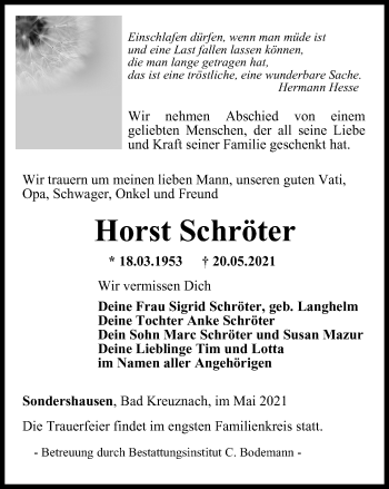 Traueranzeige von Horst Schröter von Thüringer Allgemeine
