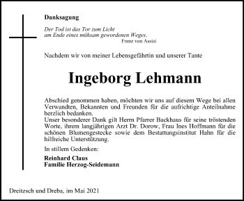 Traueranzeige von Ingeborg Lehmann