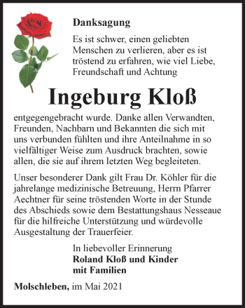 Traueranzeige von Ingeburg Kloß von Thüringer Allgemeine, Thüringische Landeszeitung