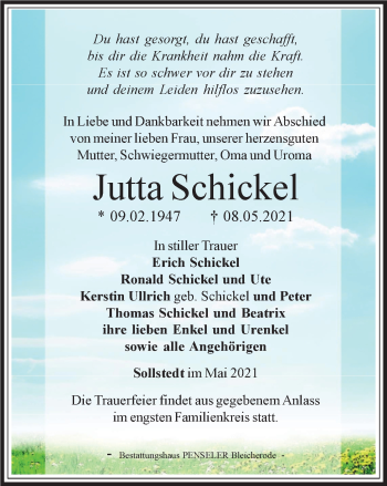Traueranzeige von Jutta Schickel von Thüringer Allgemeine