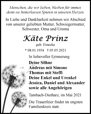 Traueranzeige von Käte Prinz von Thüringer Allgemeine, Thüringische Landeszeitung