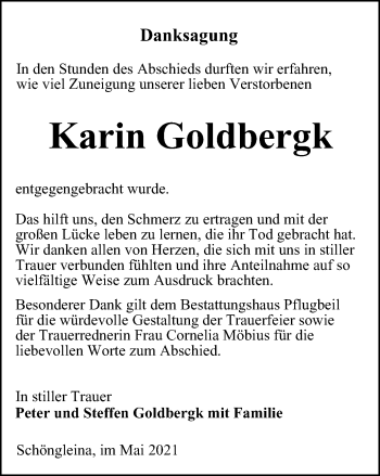 Traueranzeige von Karin Goldbergk von Ostthüringer Zeitung