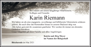 Traueranzeige von Karin Riemann von Thüringer Allgemeine