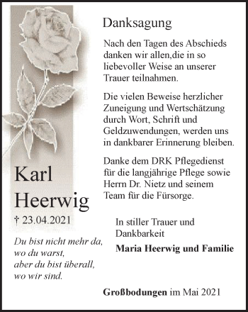 Traueranzeige von Karl Heerwig von Thüringer Allgemeine