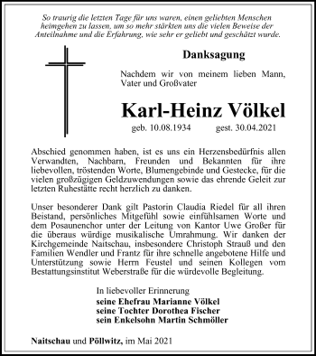 Traueranzeige von Karl-Heinz Völkel von Ostthüringer Zeitung