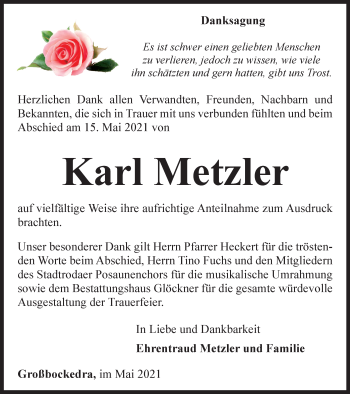 Traueranzeige von Karl Metzler von Ostthüringer Zeitung