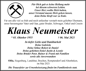 Traueranzeige von Klaus Neumeister von Ostthüringer Zeitung