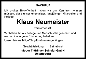 Traueranzeige von Klaus Neumeister von Ostthüringer Zeitung