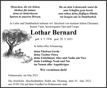 Traueranzeige von Lothar Bernard von Ostthüringer Zeitung